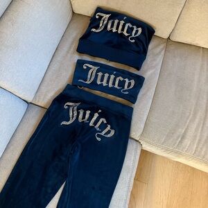 Juicy Couture Big bling luxury Velour navy Set: hoodie+pants+tube top worth $300